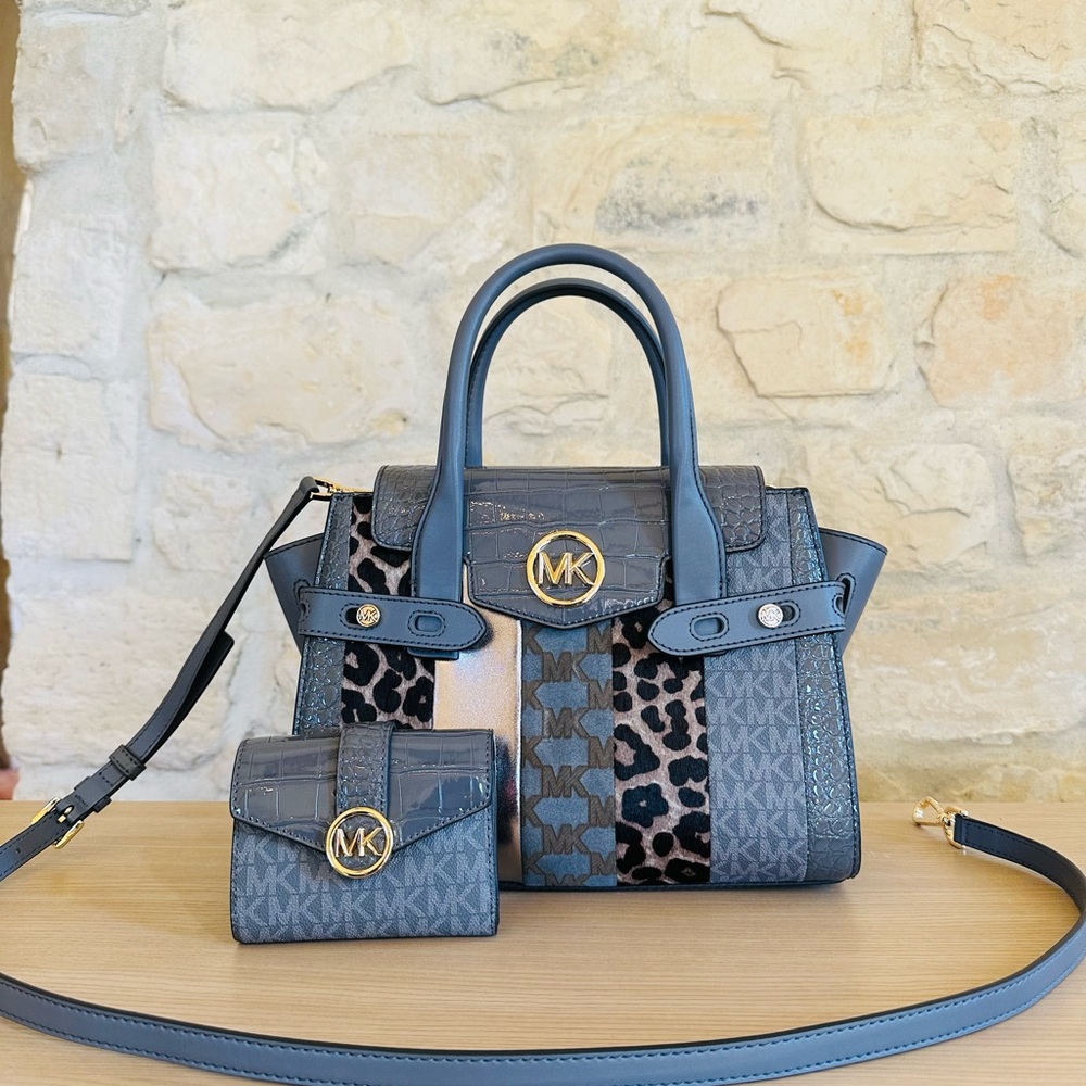 Michael Kors Carmen patchwork flap leather handbag&wallet NWT heather grey NWT